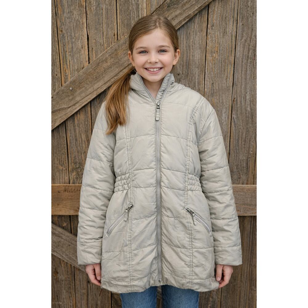 Lands end M 10-12 girls puffer coat tunic length silver sherpa fur lined EUC